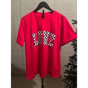Red LOVE TShirt Size L Checkerboard Graphic Short Sleeve Tee